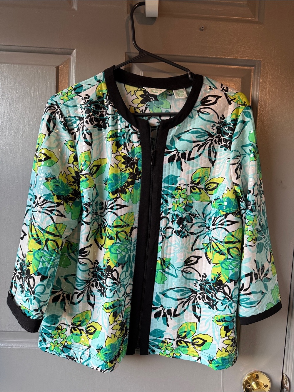 Laura Ashley Floral Top in Aqua, Lime & Black Trim